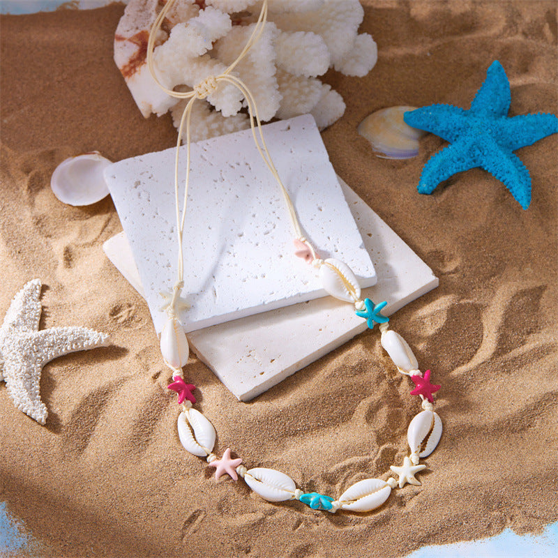 Wholesale Summer Bohemian Colorful Starfish Shell Braided Bracelet Necklace Set
